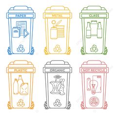 four different colored trash cans with labels and symbols on the sides, one for recycling