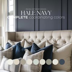 an image of a couch with pillows on it and the title halenavy complete coordinating colors