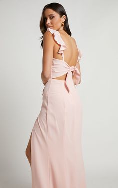 More Than This Maxi Dress In Blush | Showpo USA Fitted Pink Dress With Tie Back, Pink Backless Dress For Formal Occasion, Pink Backless Formal Dress, Pink Ruffled Backless Maxi Dress, Pink Backless Maxi Dress With Ruffles, Bridesmaid Midi Dress With Sweetheart Neckline And Ruffles, Pink Sleeveless Dress For Wedding Guest, Feminine Pink Maxi Dress For Prom Season, Pink Tie Back Backless Dress