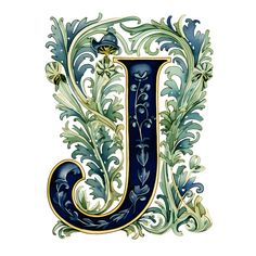 the letter j is painted in blue and green with leaves on it's sides