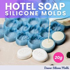 soaps and other items are on the table with text that reads hotel soap silcone molds