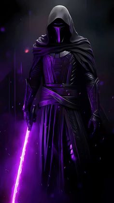 a man in a dark purple outfit holding a light saber and wearing a helmet with lights coming from it