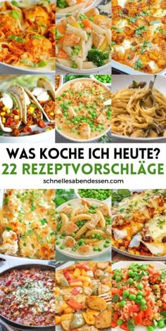 many different types of food are shown with the words was koche ich heute?