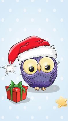 an owl wearing a santa hat next to a christmas present