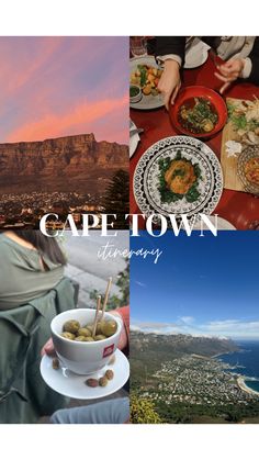 a collage of photos with the words cape town written in white and above it is an image of people eating at a table