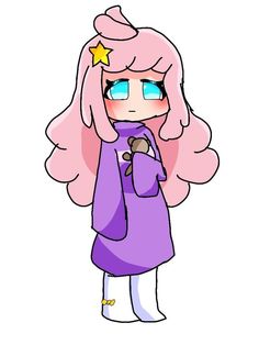 a drawing of a girl with pink hair and stars on her head, wearing a purple dress