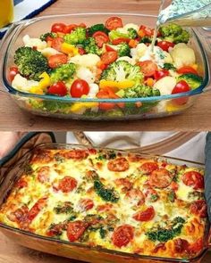 there are two pictures of different foods in the same dish, one is broccoli and the other is tomatoes