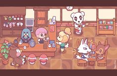 an animal crossing game is being played in the kitchen with other animals and food items