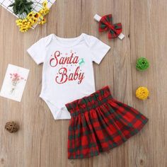 Baby Girl Christmas outfit clothes set of three items: baby skirt, baby romper, and baby girl Headband and your little one is ready for Santa. Girls Christmas Outfits, Trendy Baby Clothes, Baby Girl Shorts, Baby Skirt, Baby Christmas Outfit, Baby Christmas, Santa Baby