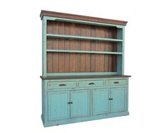 an old blue china cabinet with wooden doors