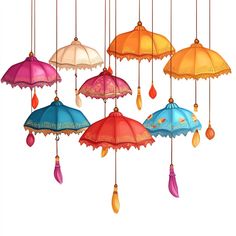 an assortment of colorful umbrellas hanging from strings with tassels attached to them