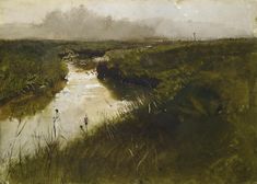 an oil painting of a river in the middle of a grassy field with trees and bushes