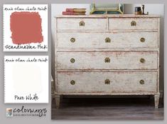 an old dresser with some paint swatches on the top and bottom, along with other furniture