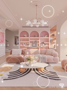 a living room filled with lots of furniture and pink decor on top of a wooden floor