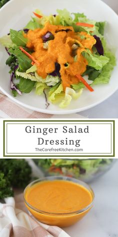 a white plate topped with salad next to a bowl filled with orange sauce and garnished lettuce