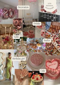 a collage of photos with pink and gold decorations, cake, balloons, candles, and other items