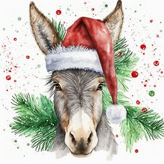 a donkey wearing a santa claus hat with pine branches around it's neck and nose