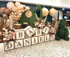 baby danielles sign surrounded by balloons and greenery