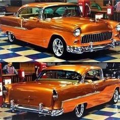 two pictures of an orange car on a checkered floor