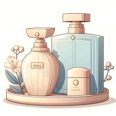 two bottles of perfume sitting on top of a tray