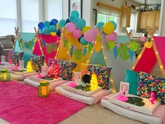 Birthday flamingo tropical party sleepover Sleepover Party Themes, Sleepover Business, Beach Sleepover, Hawaii Graduation, Dream Sleepover, Party Rental Ideas