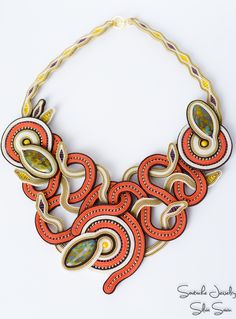 October Soutache Necklace, Autumn colors, Orange, Beige, Purple, Yellow Silver Earrings Wedding, Soutache Pendant, Soutache Necklace, Fiber Jewelry, Soutache Earrings, Handmade Beaded Necklaces, Colors Orange, Soutache Jewelry, Neck Jewellery