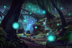 an animated scene with green lights in the woods