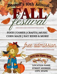 the fall festival flyer is shown with an image of a scare, pumpkins and leaves