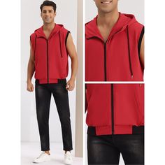 Sleeveless sweatshirt vest features pockets for you to keep your small items. A hoodie vest can be worn alone or paired with other garments like t-shirts or long-sleeved shirts for a daily look. Pair a hoodie vest with shorts, jeans, and casual trousers to create a different look. Hoodie vest is suitable for sports, camping, travel and daily wear. Cotton Sleeveless Vest With Drawstring Hood, Winter Cotton Sports Vest, Red Cotton Casual Sweater Vest, Casual Red Cotton Sweater Vest, Hooded Cotton Vest For Streetwear, Sleeveless Cotton Hoodie For Fall, Sporty Sleeveless Cotton Sweater Vest, Red Cotton Sports Vest, Cotton Sweater Vest With Pockets