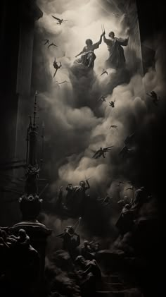 black and white photograph of people in the clouds with birds flying around them on a cloudy day