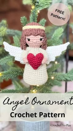 crochet angel ornament hanging on a christmas tree with text overlay