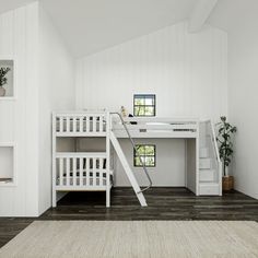 there is a bunk bed with stairs to the top and bottom level in this room