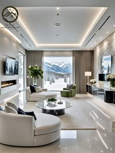 a living room filled with white furniture next to a large window covered in snow capped mountains