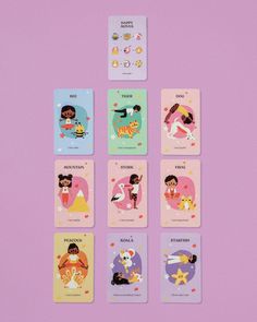 six cards with different characters on them, all in different colors and sizes are shown against a pink background