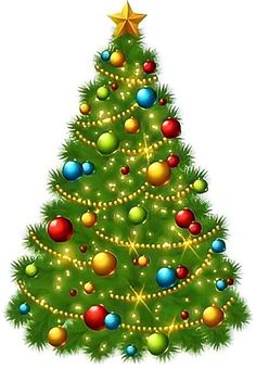 a christmas tree with ornaments and lights on it's top, in front of a white background