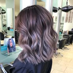 Brunette Balayage Hair With Purple, Balayage Hair Color Ideas Short Hair, Ashy Lavender Balayage, Balayage Lilac Hair, Ashy Lilac Brown Hair, Ash Brown With Purple Highlights, Mushroom Brown Hair Color With Lavender, Smoky Lavender Balayage, Ash Brown Purple Balayage