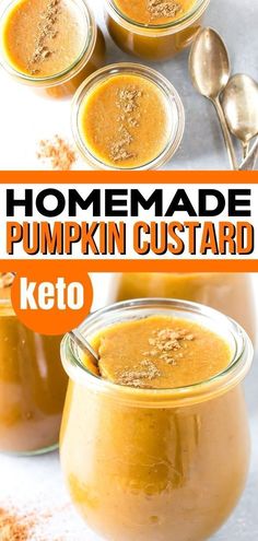 homemade pumpkin custard keto in small glass jars with spoons on the side