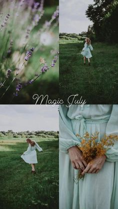 a woman in a white dress holding flowers and wearing a blue dress with the words magic july written on it