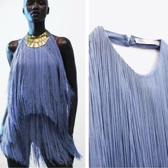 Mini Halter Dress Fringe Appliqu Color Blue Polyester Bloggers Favorite Nwt Small Fringe Dresses, Mini Halter Dress, Halter Dress Short, Short Fringe, Zara Shorts, Fringe Dress, Zara Dresses, Fashion Inspo Outfits, Halter Dress