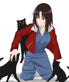 an anime character is holding a black cat