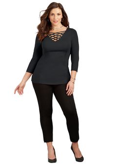 Show your curves some love with a soft, sleek top that glides over your shape to create a beautifully body-conscious look. Designed to mix and match with other styles in our Curvy Collection. FABRIC: Crafted from our signature stretch knit, chosen for its soft, lightweight quality that gracefully follows your form. FIT: Like all Curvy Collection pieces, this tunic has a close-to-the-body fit, which is different from Catherines generous-fitting styles. Front and back crisscross straps. 3/4 sleeve Torrid Outfits, Criss Cross Top, Mid Size Fashion, Petite Size Chart, Swimsuits For All, Plus Size Top, Princess Seam, Body Fit, Plus Size Tops