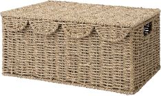 a large wicker storage basket with handles on the top and bottom, is shown