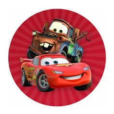 a round sticker with cars characters on it