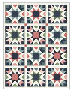 a quilt pattern with different colors and shapes on it's sides, including triangles