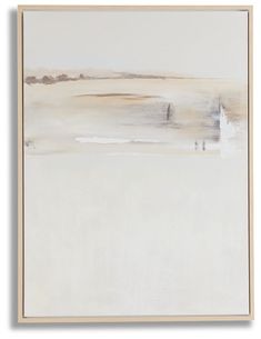 an abstract painting with white and grey colors on the wall above it is a sailboat in the distance