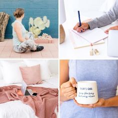 four different pictures with one woman holding a coffee mug and the other writing on her laptop