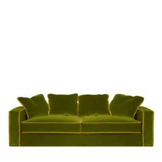 a green couch with two pillows on it and one pillow in the middle, against a white background