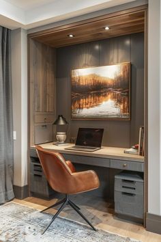 a home office with a desk, chair and painting on the wall above it's headboard