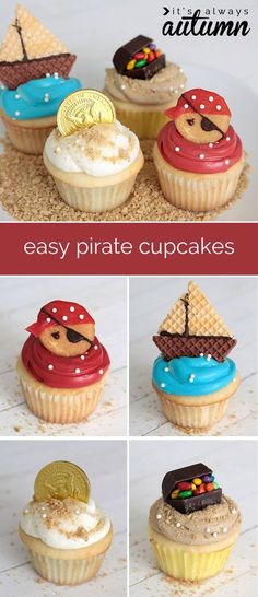 the cupcakes are decorated like pirate ships