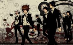 some anime characters are standing together in front of a grungy background with circles